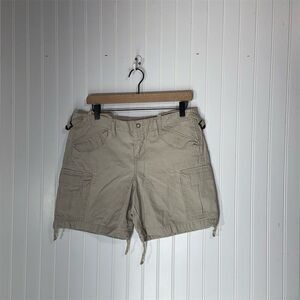 Vintage L.E.I. Utility Cargo Shorts Sz 9 Beige Khaki Y2K Drawstring Hem Pockets